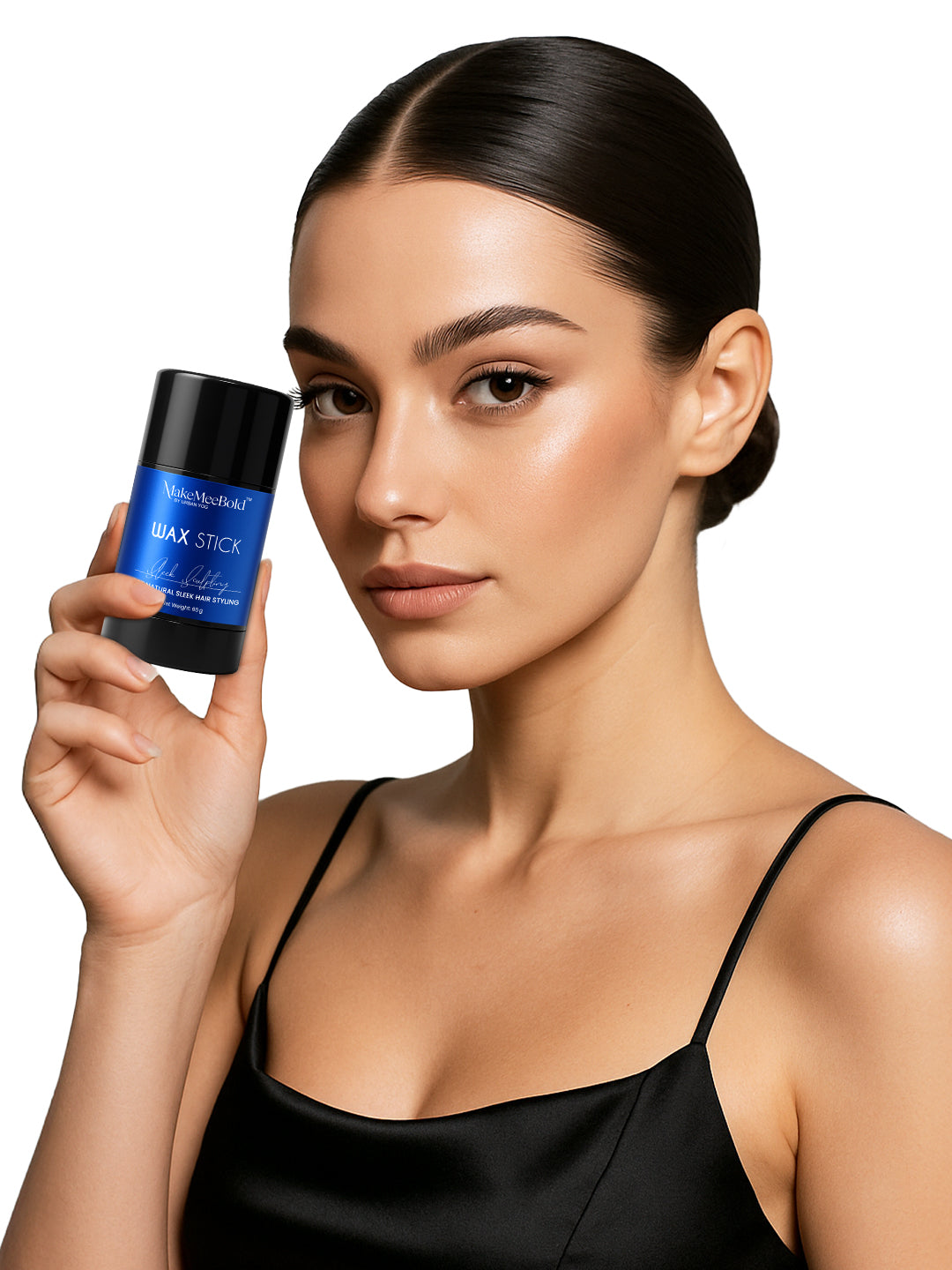 Woman holding a makemeebold wax stick product against a white background