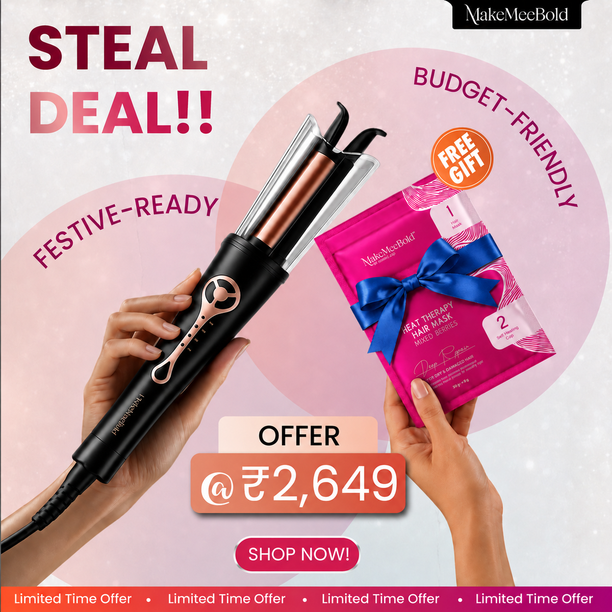 MakeMeeBold Automatic Hair Curler + MakeMeeBold Heat Therapy Hair Mask | Pack of 1