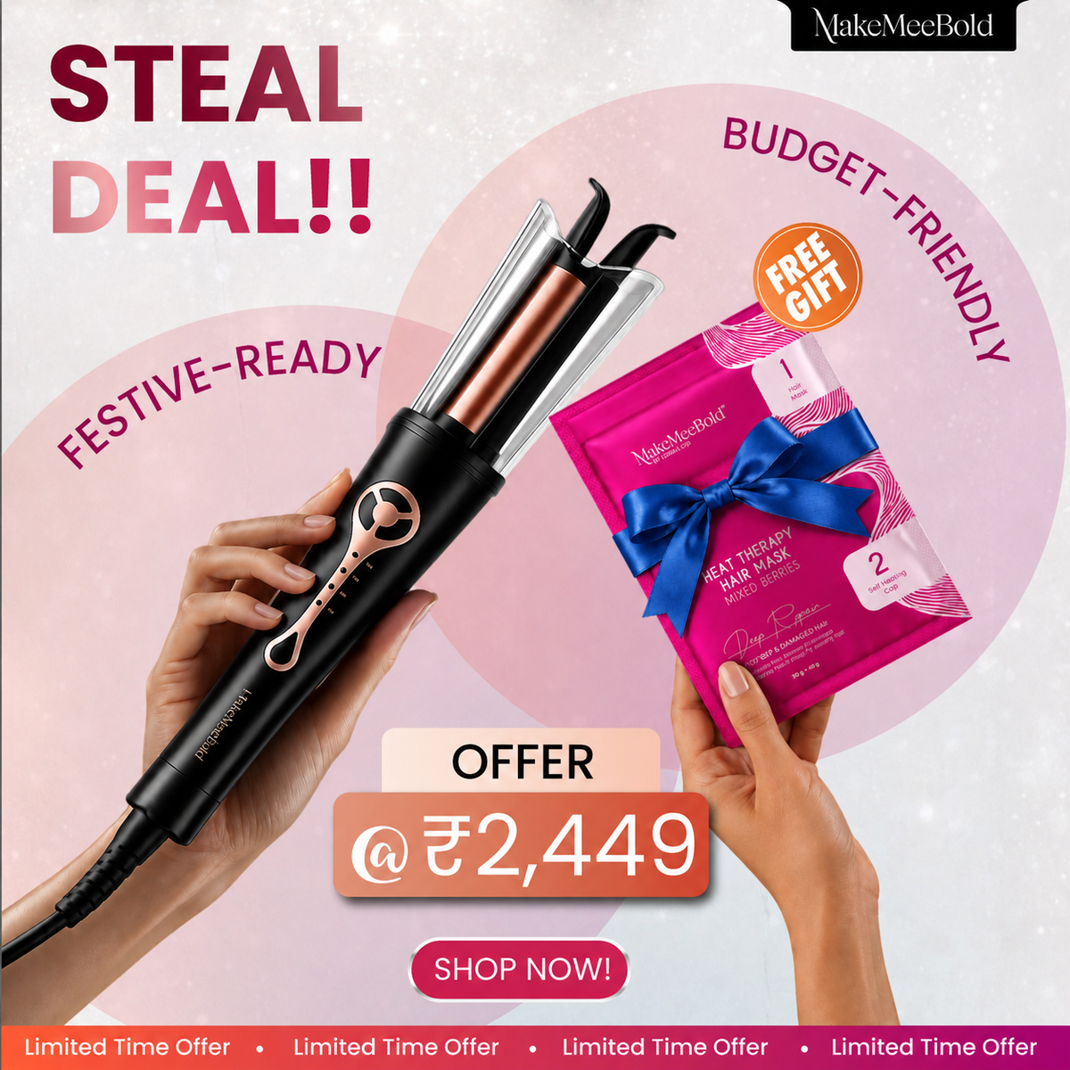 MakeMeeBold Automatic Hair Curler + MakeMeeBold Heat Therapy Hair Mask | Pack of 1