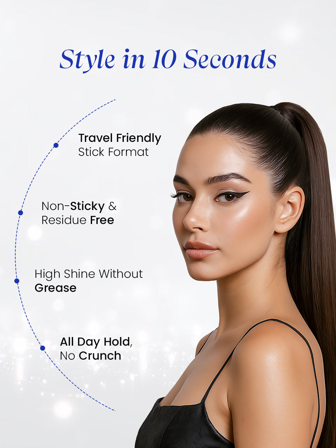 Woman with styled hair, promotional text about hair product features on a white background