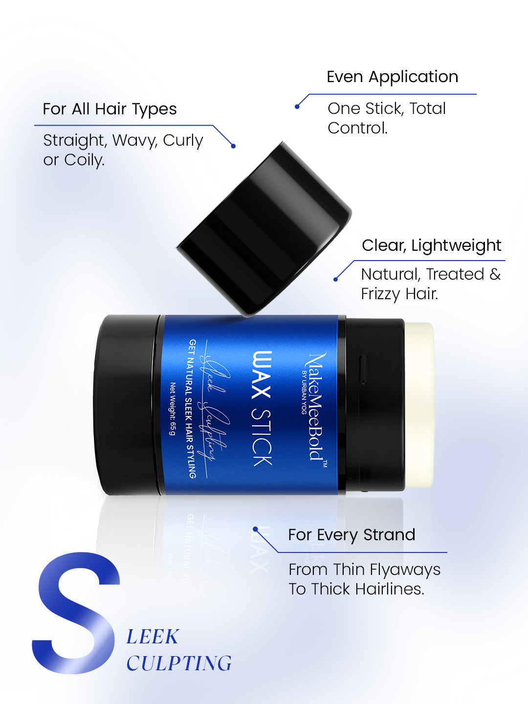 Wax stick with text highlighting features on a white background