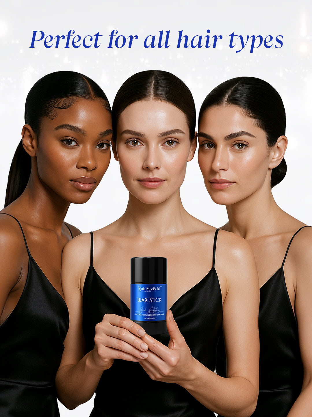 Three women holding a hair product with text 'Perfect for all hair types' on a white background