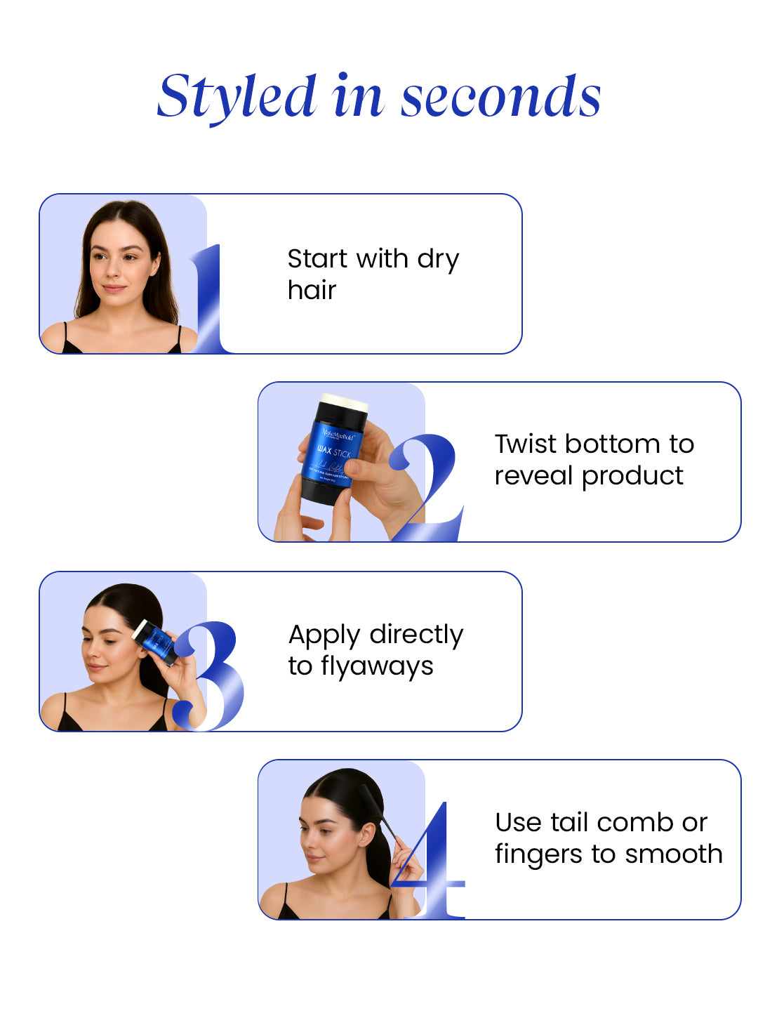 Step-by-step guide on using a makemeebold wax stick with images and text instructions.