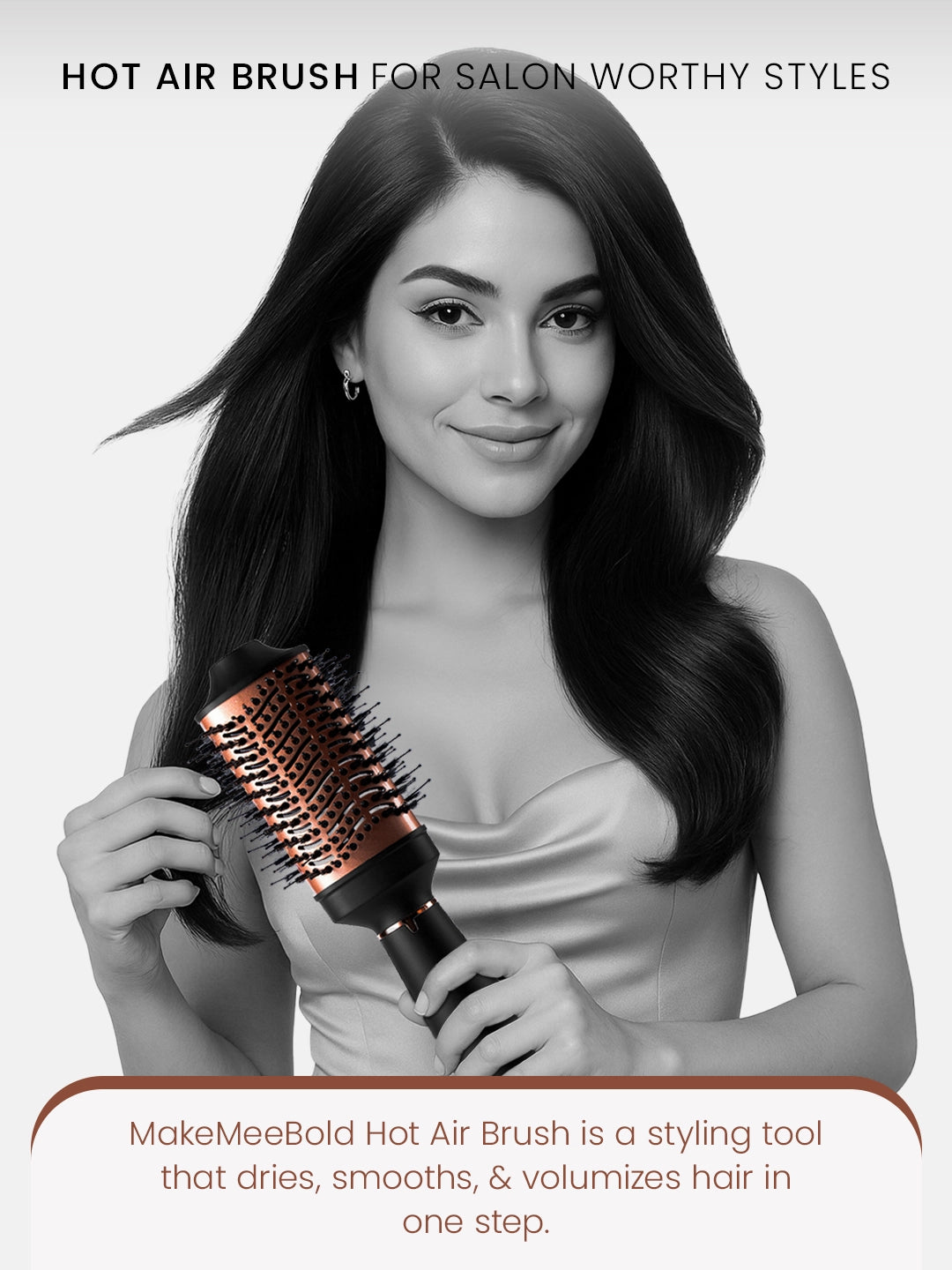 Woman using a hot air brush with text about its features and benefits.
