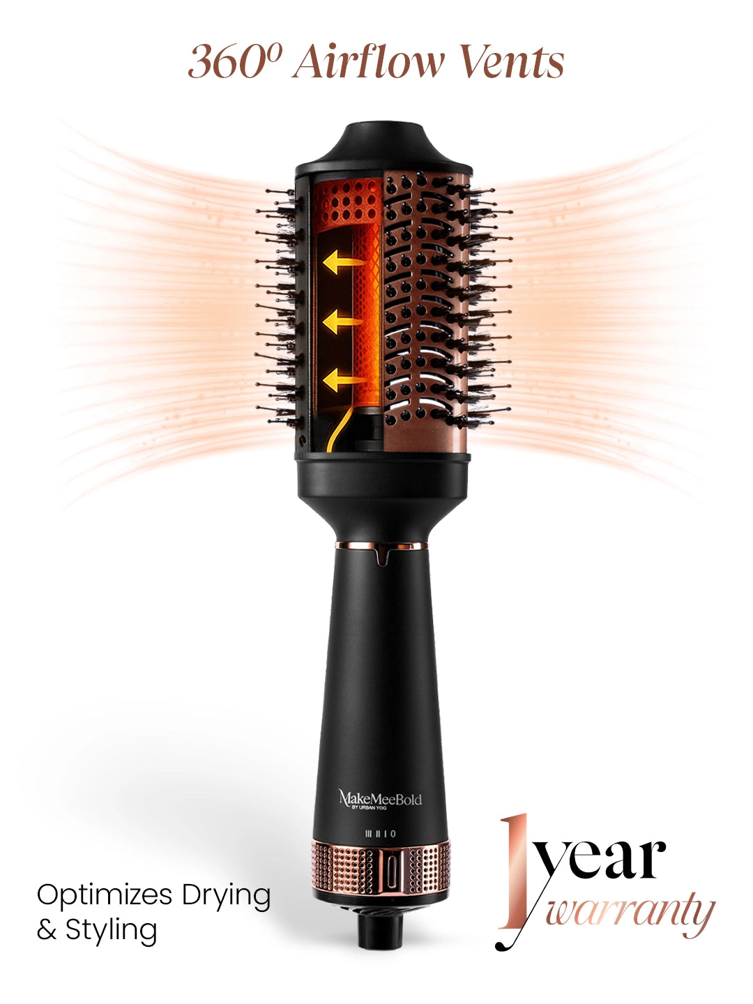 Hair styling tool with 360-degree airflow vents on a white background