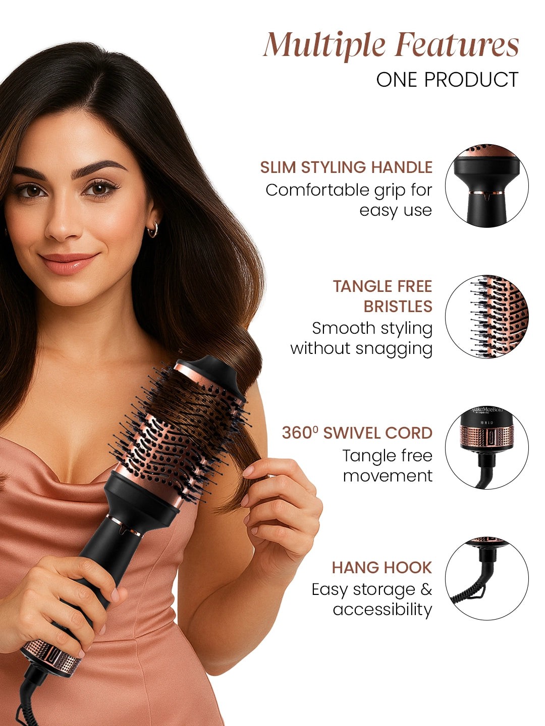 Woman holding a hair styling tool with features listed on the right