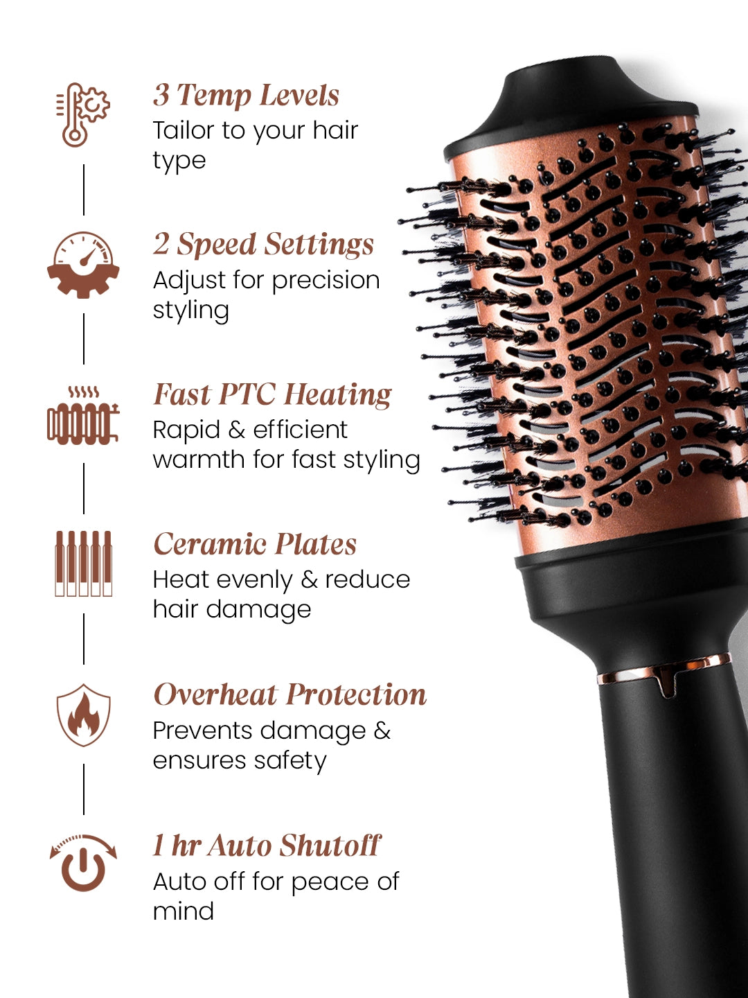Hairbrush with features listed on a white background