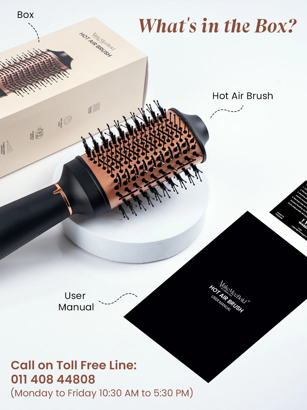 Hot air brush set with box, user manual, and packaging on a white background
